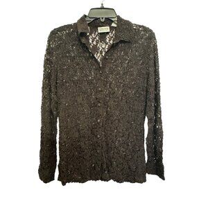 Chicos Design Black Lace Button-Up Top size 0 With Beaded Embellishments